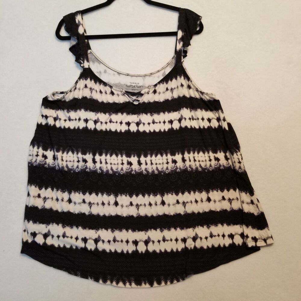 Torrid 3 Tank Top Black Beige Tie Dye Super Soft Knits Ruffle Strap Jersey Boho